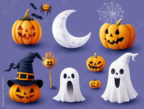 Spooky Halloween Ensemble with Pumpkins and Ghosts