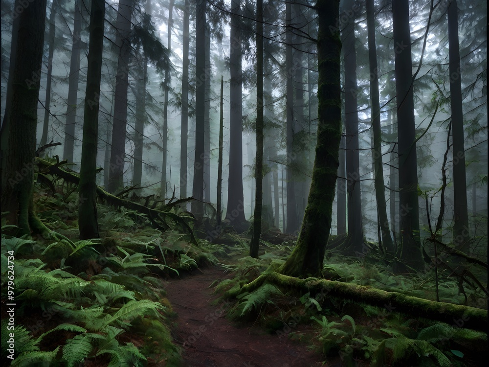 Obraz premium Mystical Foggy Forest Path