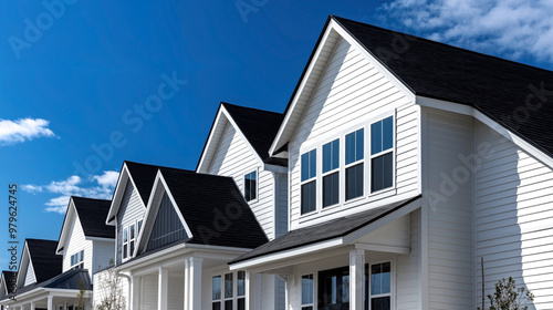 Row of modern suburban houses with white siding and gabled roofs under a clear blue sky.