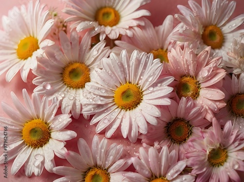 Pink and White Daisy Flowers with Dew Drops on Pink Background