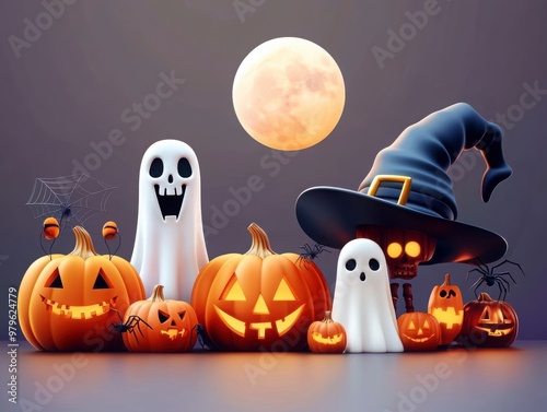 Spooky Halloween Ensemble with Pumpkins and Ghosts