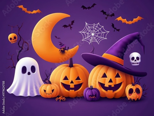 Spooky Halloween Ensemble with Pumpkins and Ghosts