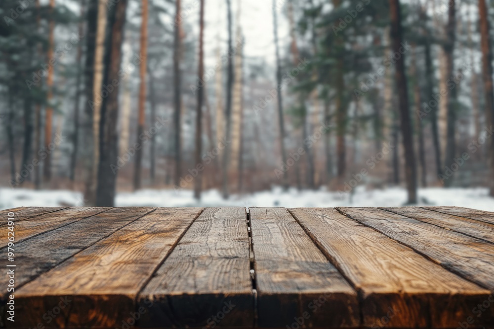 Rustic wooden table in a snowy forest background view. Rustic wooden table in a snowy forest background view.