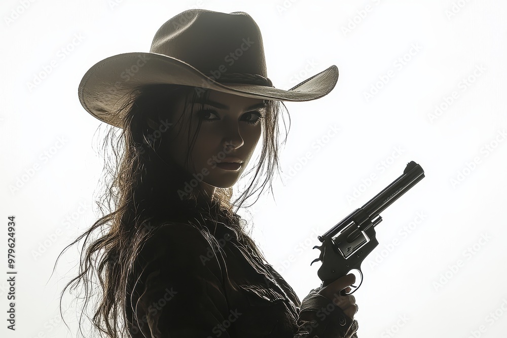 Silhouette of a confident cowgirl holding a revolver in a dramatic pose wearing a cowboy hat Silhouette of a confident cowgirl holding a revolver in a dramatic pose wearing a cowboy hat