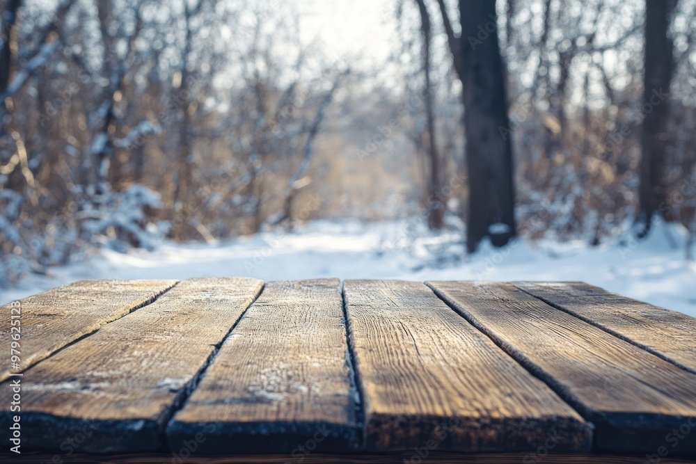 Snowy path with wooden table surrounded by trees Snowy path with wooden table surrounded by trees