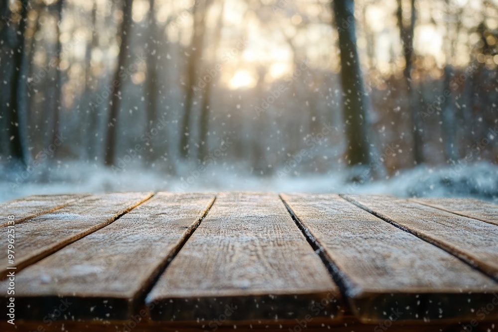 Wooden table with falling snow in a winter forest. Wooden table with falling snow in a winter forest.