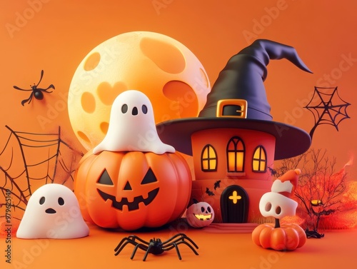 Spooky Halloween Ensemble with Pumpkins and Ghosts