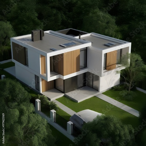 Landscape design. 3D model of a house in a green area. photo