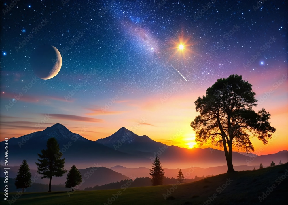 Serene landscape scenery at dusk features a crescent moon, a falling star, and a rare planet conjunction, amidst majestic silhouettes of trees and mountains. Serene landscape scenery at dusk features a crescent moon, a falling star, and a rare planet conjunction, amidst majestic silhouettes of trees and mountains.