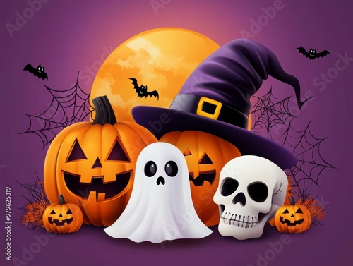 Spooky Halloween Ensemble with Pumpkins and Ghosts