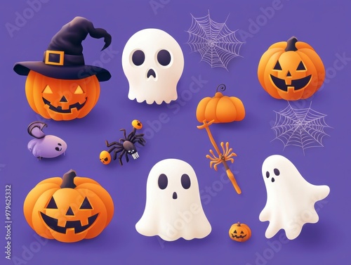 Spooky Halloween Ensemble with Pumpkins and Ghosts