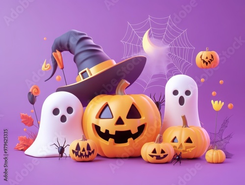 Spooky Halloween Ensemble with Pumpkins and Ghosts