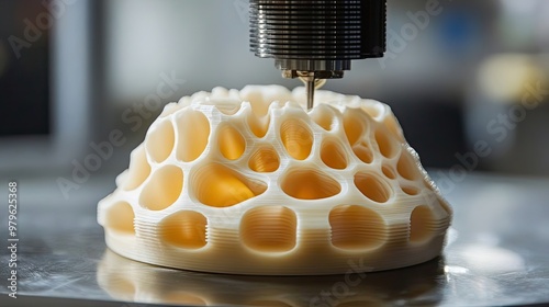 3D Printed Object with a Honeycomb Pattern Being Created by a 3D Printer photo