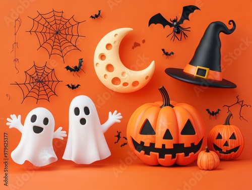 Spooky Halloween Ensemble with Pumpkins and Ghosts