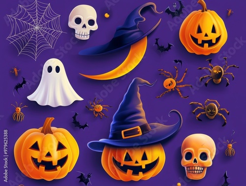 Spooky Halloween Ensemble with Pumpkins and Ghosts