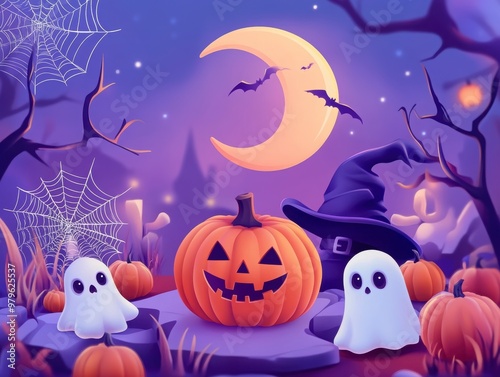 Spooky Halloween Ensemble with Pumpkins and Ghosts