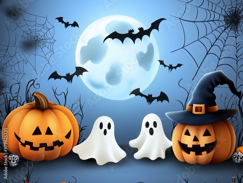 Spooky Halloween Ensemble with Pumpkins and Ghosts