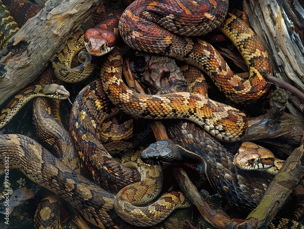 Fototapeta premium A group of snakes intertwined in a tangled mess of branches.