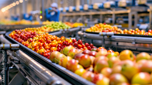 Fruits on conveyor belt in food processing plant showcase vibrant colors and freshness. scene captures efficiency of fruit sorting and packaging, creating lively atmosphere