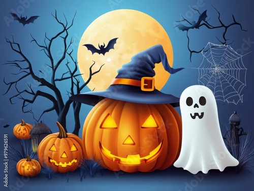 Spooky Halloween Ensemble with Pumpkins and Ghosts