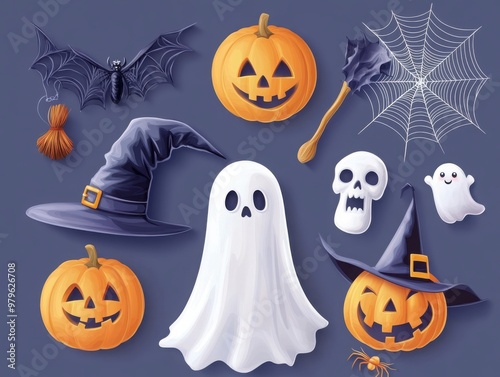 Spooky Halloween Ensemble with Pumpkins and Ghosts