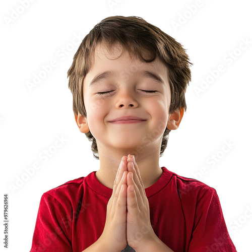 A kid with hands together in front of their chest, eyes closed, and a gentle, appreciative smile. isolated on transparency background photo