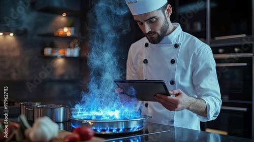 Chef Using Digital Tablet While Cooking on Stovetop photo