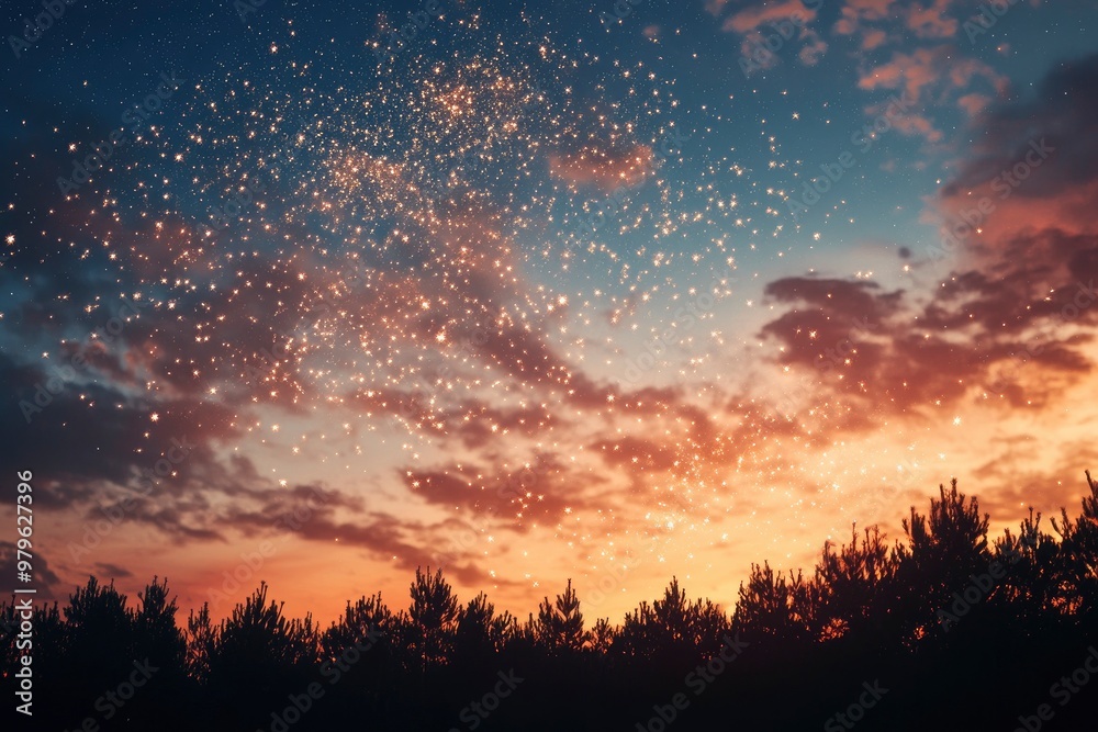 Fireworks At Sunset With Starry Sky - Independence / Memorial Day Celebration Concept with generative ai Fireworks At Sunset With Starry Sky - Independence / Memorial Day Celebration Concept with generative ai
