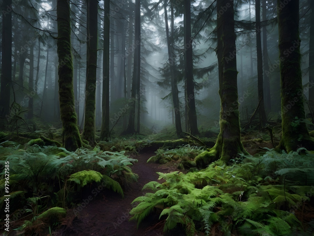 Fototapeta premium Misty Forest Path with Ferns and Trees