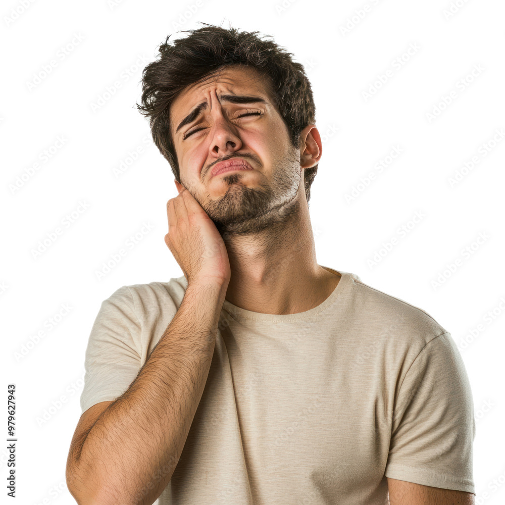 A man biting his lower lip and holding the back of his neck with one hand, looking worried and regretful isolated on transparency background