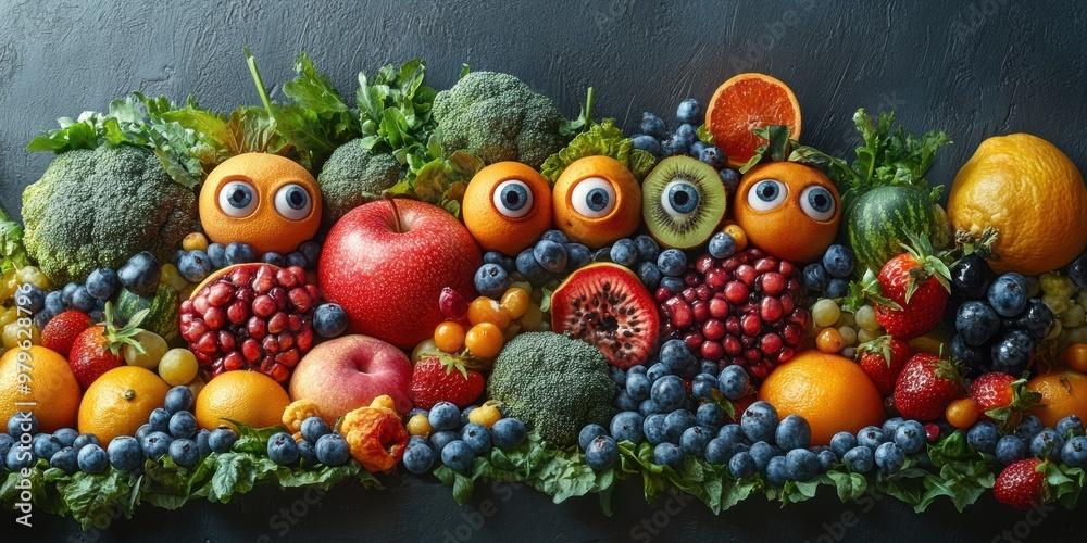 A whimsical urban environment where every corner features friendly fruits and vegetables creating a fun scene A whimsical urban environment where every corner features friendly fruits and vegetables creating a fun scene