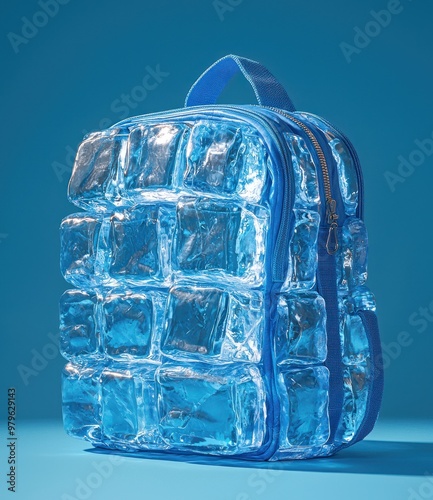 Transparent backpack with ice cubes isolated on blue photo