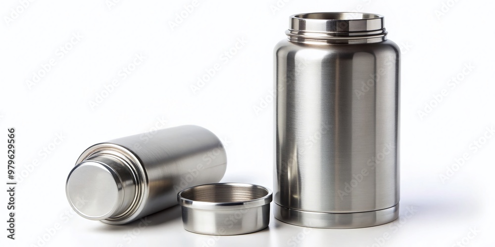 Silver insulated stainless steel flask with flip lid and rounded body sits isolated on a pure white background, showcasing a sleek and modern design. Silver insulated stainless steel flask with flip lid and rounded body sits isolated on a pure white background, showcasing a sleek and modern design.