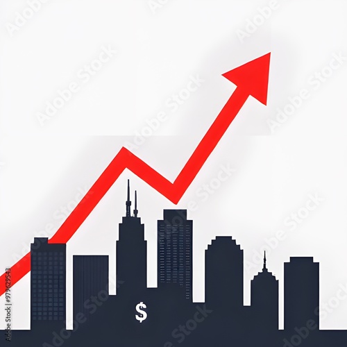 Rising red arrow over schematized buildings. 