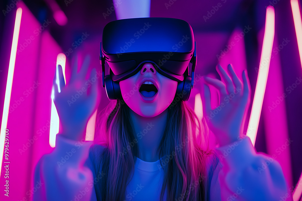 A person wearing a VR headset, immersed in a colorful, futuristic environment. A person wearing a VR headset, immersed in a colorful, futuristic environment.