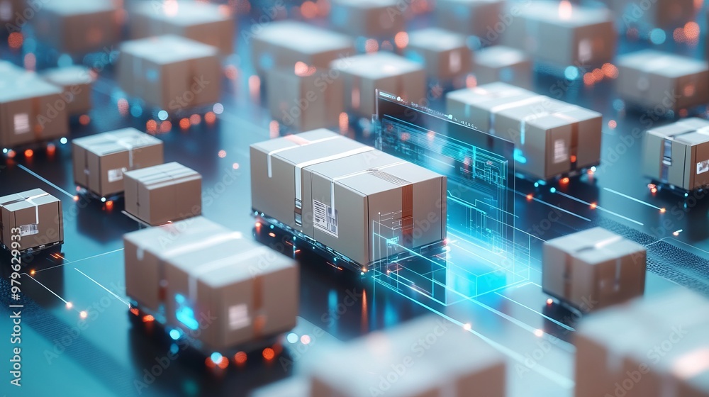 Smart warehouse management system identify package picking and delivery . Future concept of supply chain and logistic business Smart warehouse management system identify package picking and delivery . Future concept of supply chain and logistic business