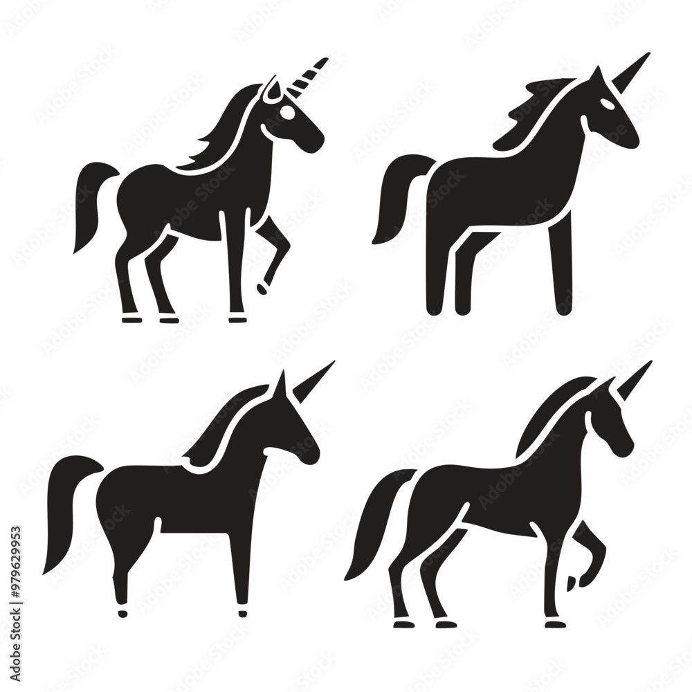 Black horse or unicorn icon set isolated on white background vector Black horse or unicorn icon set isolated on white background vector