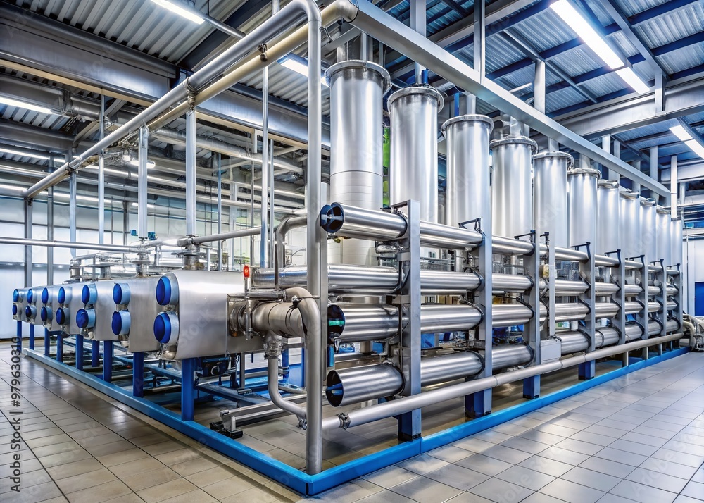 Sleek, high-tech machinery and rows of stainless steel pipes line the interior of a large-scale, modern industrial reverse osmosis water treatment facility. Sleek, high-tech machinery and rows of stainless steel pipes line the interior of a large-scale, modern industrial reverse osmosis water treatment facility.