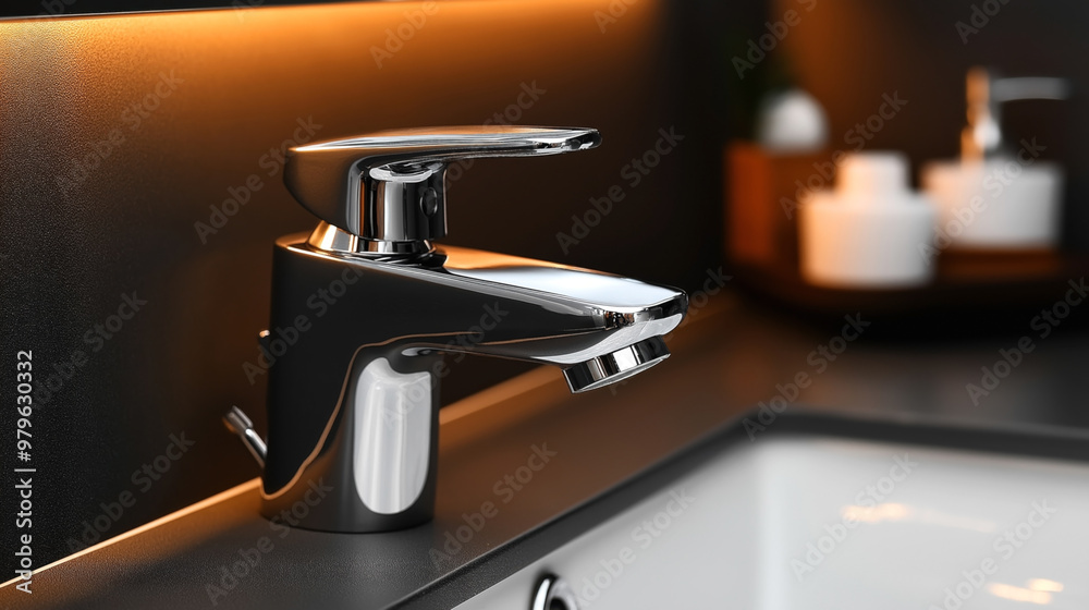 Modern bathroom faucet with sleek chrome finish installed on a black countertop. Soft warm lighting enhances the contemporary design, with bathroom accessories blurred in the background. Modern bathroom faucet with sleek chrome finish installed on a black countertop. Soft warm lighting enhances the contemporary design, with bathroom accessories blurred in the background.