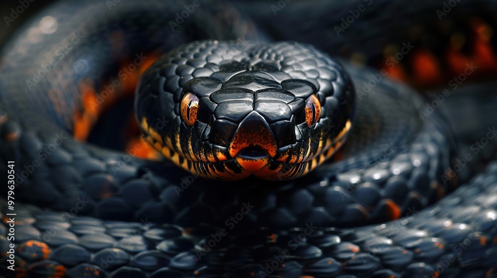 Fototapeta premium A close-up of a black snake with orange eyes, coiled in a defensive posture.