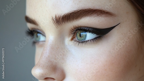 Close-up of a woman's eye with bold winged eyeliner.