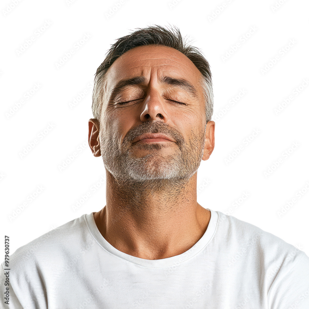 Obraz premium A man exhaling deeply with his eyes closed and shoulders relaxed, a relieved expression on his face isolated on transparency background