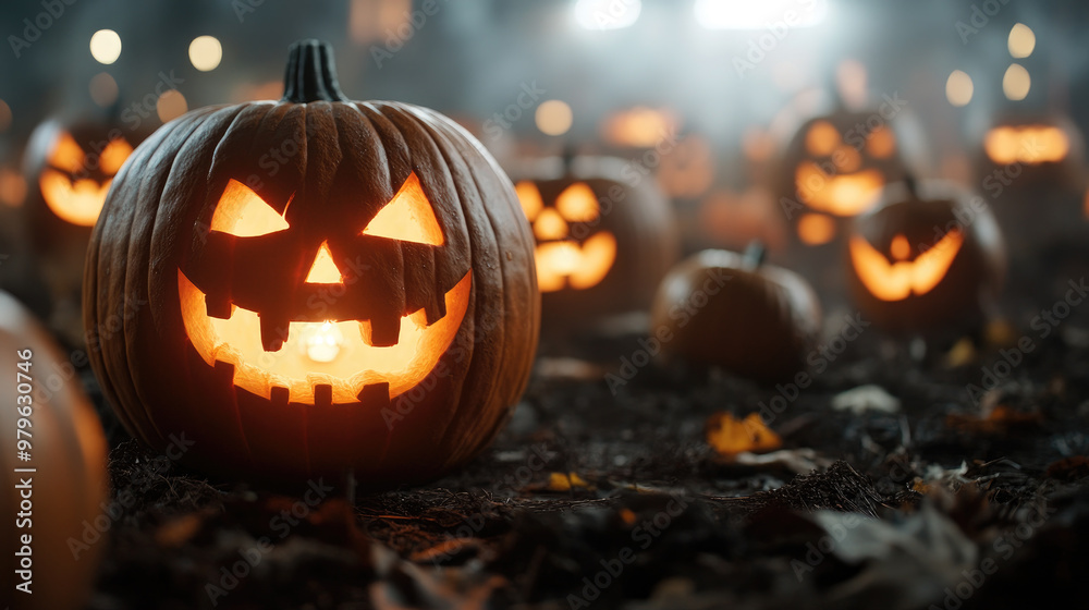 Spooky front yard with carved pumpkins glowing in dark, creating an eerie atmosphere perfect for Halloween celebrations. scene is filled with autumn leaves and mysterious ambiance Spooky front yard with carved pumpkins glowing in dark, creating an eerie atmosphere perfect for Halloween celebrations. scene is filled with autumn leaves and mysterious ambiance