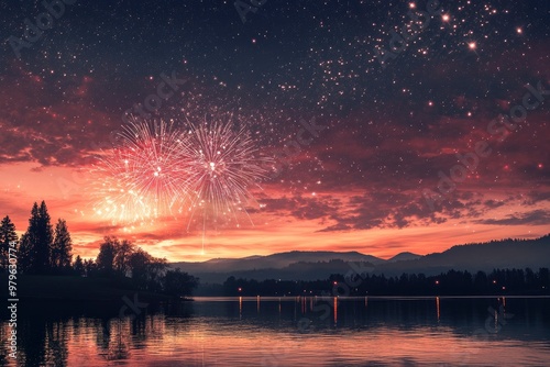 Fireworks At Sunset With Starry Sky - Independence / Memorial Day Celebration Concept with generative ai