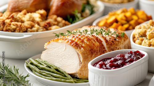 A delicious Thanksgiving feast featuring beautifully roasted turkey, green beans, stuffing, and cranberry sauce, creating warm and inviting atmosphere for family gatherings