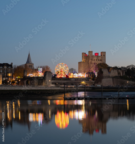 Rochester Castle and Cathedral Christmas Market with Reflection in River Medway photo