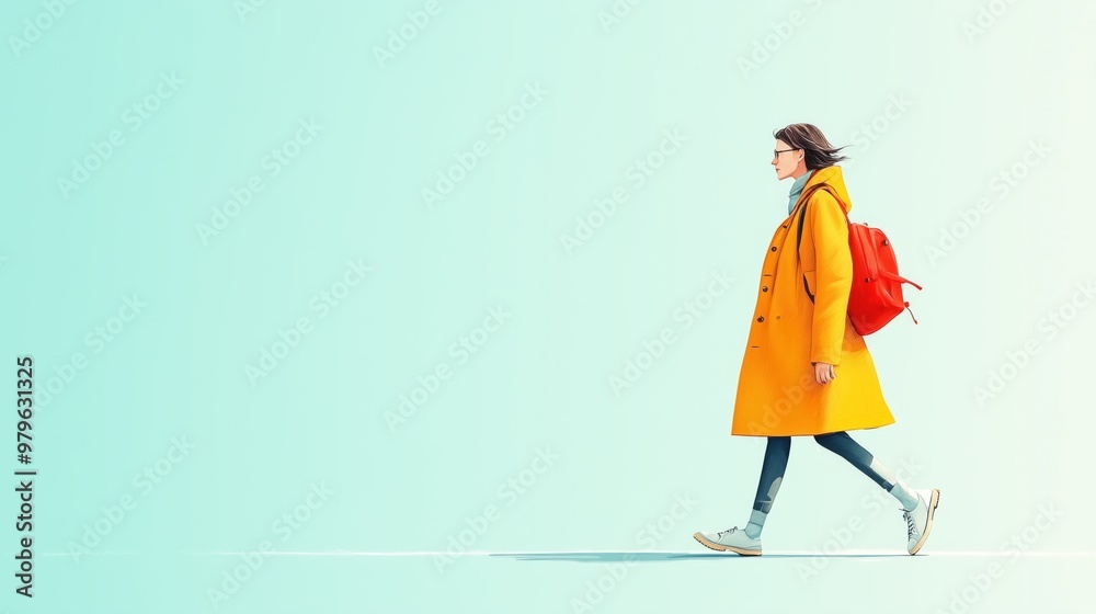 Brunette middle-aged woman walking with a red backpack, wearing a bright yellow coat and sneakers against a minimal pastel background, representing a modern and stylish urban lifestyle. Brunette middle-aged woman walking with a red backpack, wearing a bright yellow coat and sneakers against a minimal pastel background, representing a modern and stylish urban lifestyle.