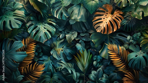 Tropical Leaves Background: Lush Green and Gold Foliage