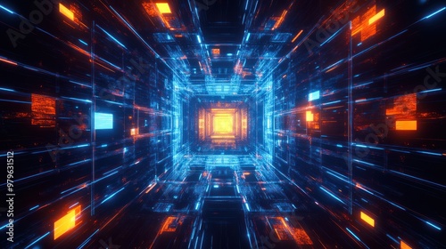 Virtual tunnel with blue and orange luminescent elements photo