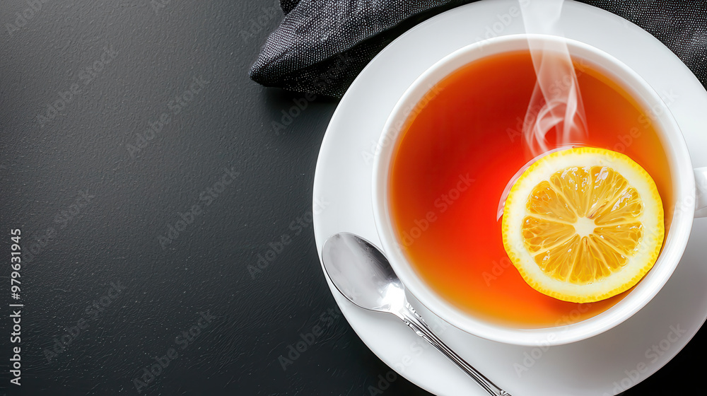 Hot cup of tea with a lemon slice, steaming and inviting, served on a white plate with a spoon, on a dark background Hot cup of tea with a lemon slice, steaming and inviting, served on a white plate with a spoon, on a dark background